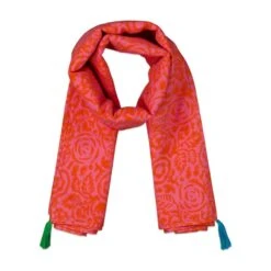 Lightweight Organic Cotton Satin Beach Cover-Up Sarong With Tassels In Orange And Pink Rose Block Print -Maison Close Sales anni sarong with tassels in orange pink rose 01c82c7a2a730295fb050b5f84687070
