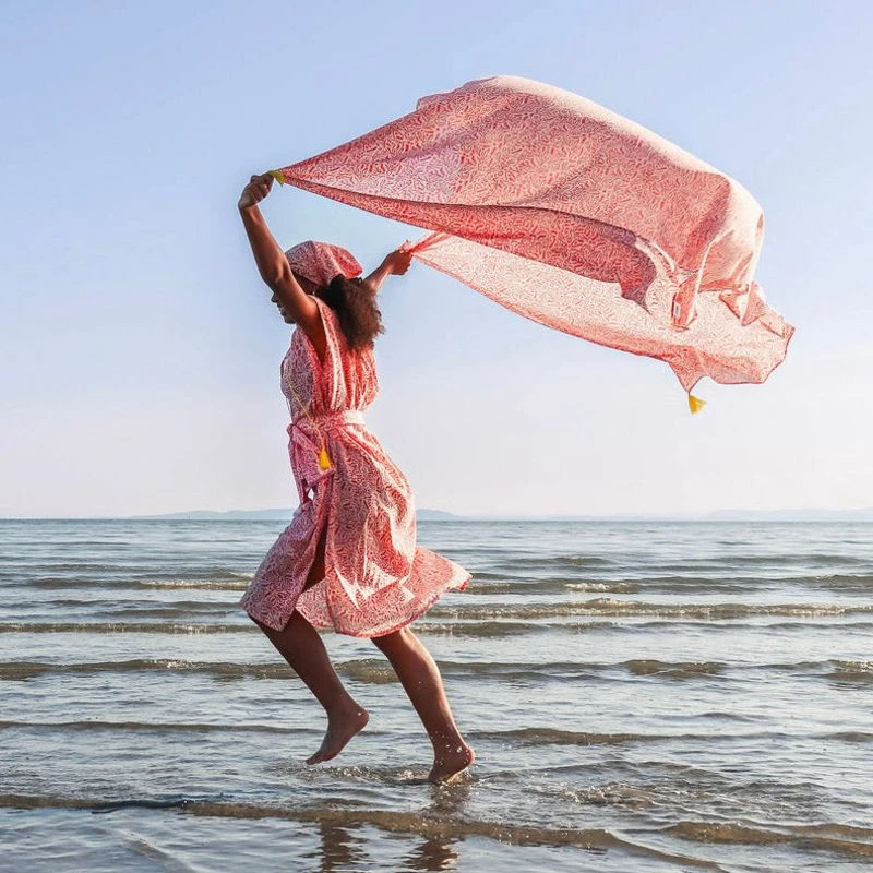 Lightweight Organic Cotton Voile Beach Cover-Up Sarong With Tassels In Red And White Reef Block Print 4 Lightweight Organic Cotton Voile Beach Cover-Up Sarong With Tassels In Red And White Reef Block Print - Image 2