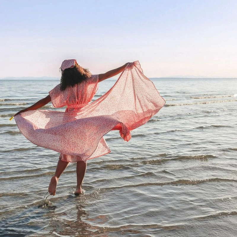 Lightweight Organic Cotton Voile Beach Cover-Up Sarong With Tassels In Red And White Reef Block Print 6 Lightweight Organic Cotton Voile Beach Cover-Up Sarong With Tassels In Red And White Reef Block Print - Image 4