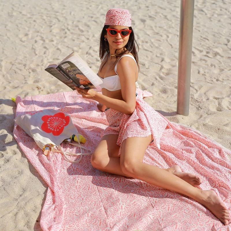 Lightweight Organic Cotton Voile Beach Cover-Up Sarong With Tassels In Red And White Reef Block Print 5 Lightweight Organic Cotton Voile Beach Cover-Up Sarong With Tassels In Red And White Reef Block Print - Image 3