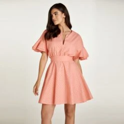 Coral Embroidered Dress With Ruffle Sleeves -Maison Close Sales atqbi6a6fzsaxdpzddnh