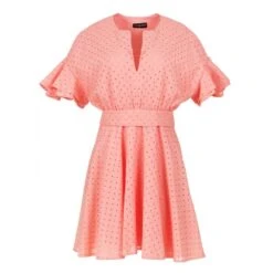 Coral Embroidered Dress With Ruffle Sleeves