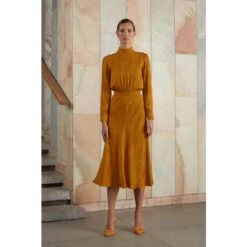 Romee Honey Orange Turtleneck Open Back Cupro Midi Dress With Mermaid Skirt -Maison Close Sales b18almplqvj0n2bpx6s6