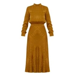 Romee Honey Orange Turtleneck Open Back Cupro Midi Dress With Mermaid Skirt