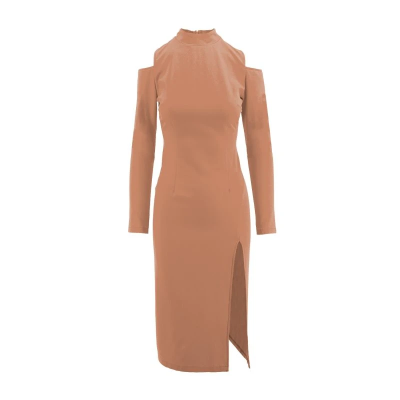 Camel Slim Cut-Out-Shoulders Dress 3 Camel Slim Cut-Out-Shoulders Dress