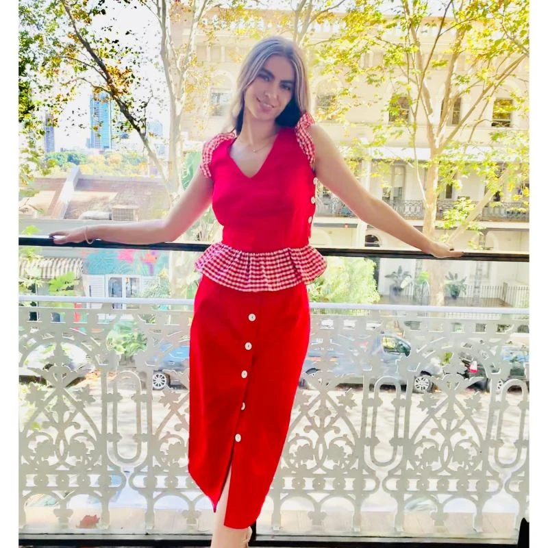 Florence Fluttering Top & A-Line Skirt Matching Set In Red With Gingham Print 11 Florence Fluttering Top & A-Line Skirt Matching Set In Red With Gingham Print - Image 9