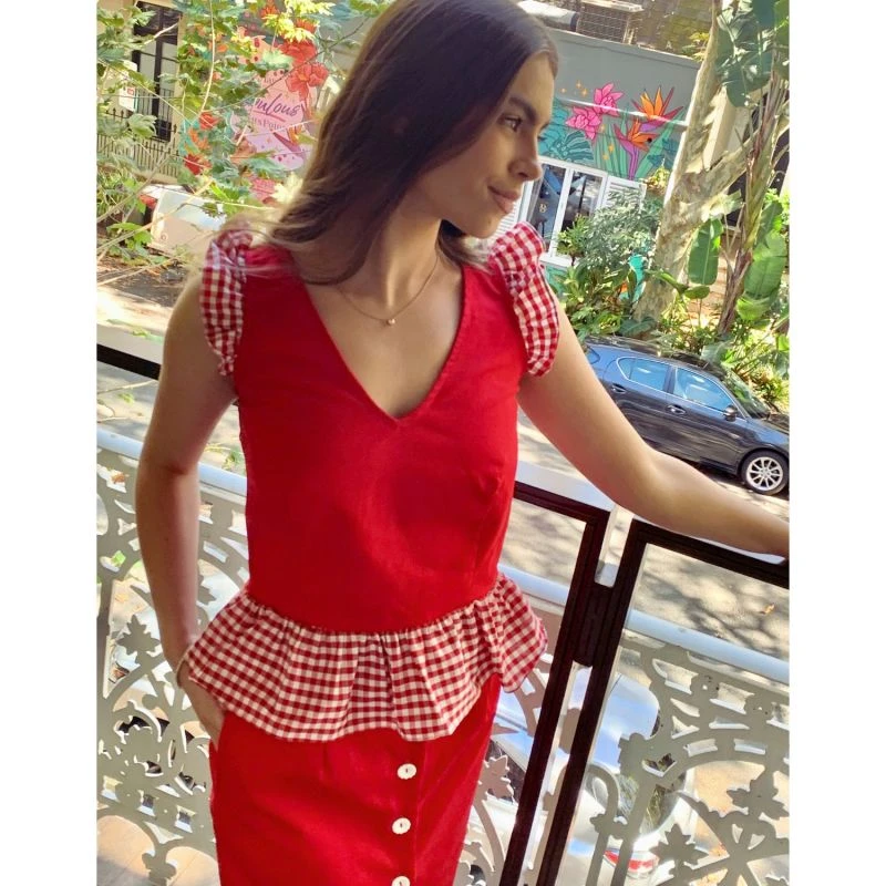 Florence Fluttering Top & A-Line Skirt Matching Set In Red With Gingham Print 4 Florence Fluttering Top & A-Line Skirt Matching Set In Red With Gingham Print - Image 2