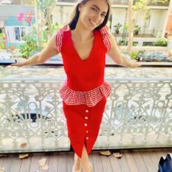 Florence Fluttering Top & A-Line Skirt Matching Set In Red With Gingham Print 13 Florence Fluttering Top & A-Line Skirt Matching Set In Red With Gingham Print -Maison Close Sales florence fluttering top a line skirt matching set in red with gingham print 2af74b92fe644621fe17d3b223779d15