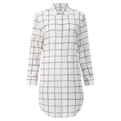 Katherine Organic Cotton Half-Placket Shirt Dress With Side Pockets And Long Sleeves In Black And White Grid Block Print