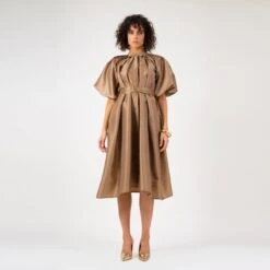 Bronze Dress With Raglan Sleeve And Pleats -Maison Close Sales lqrthuchstkhaxeaasjn