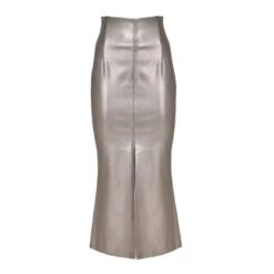 Mermaid Faux Leather Midi Skirt With Slit - Silver