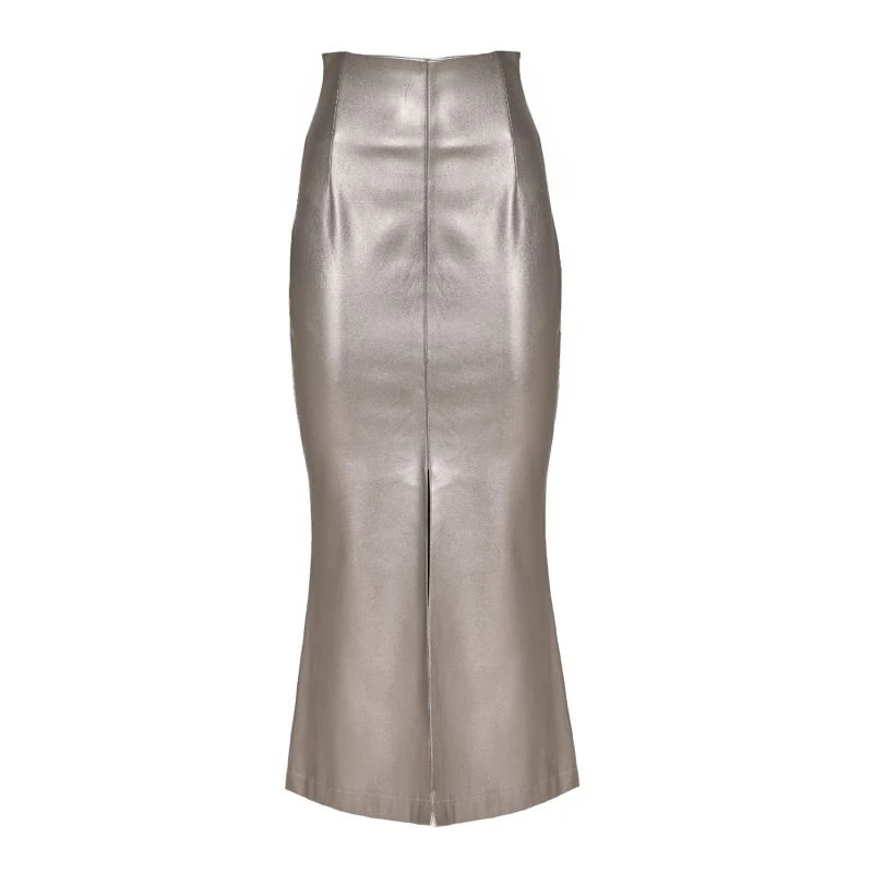 Mermaid Faux Leather Midi Skirt With Slit - Silver 3 Mermaid Faux Leather Midi Skirt With Slit - Silver