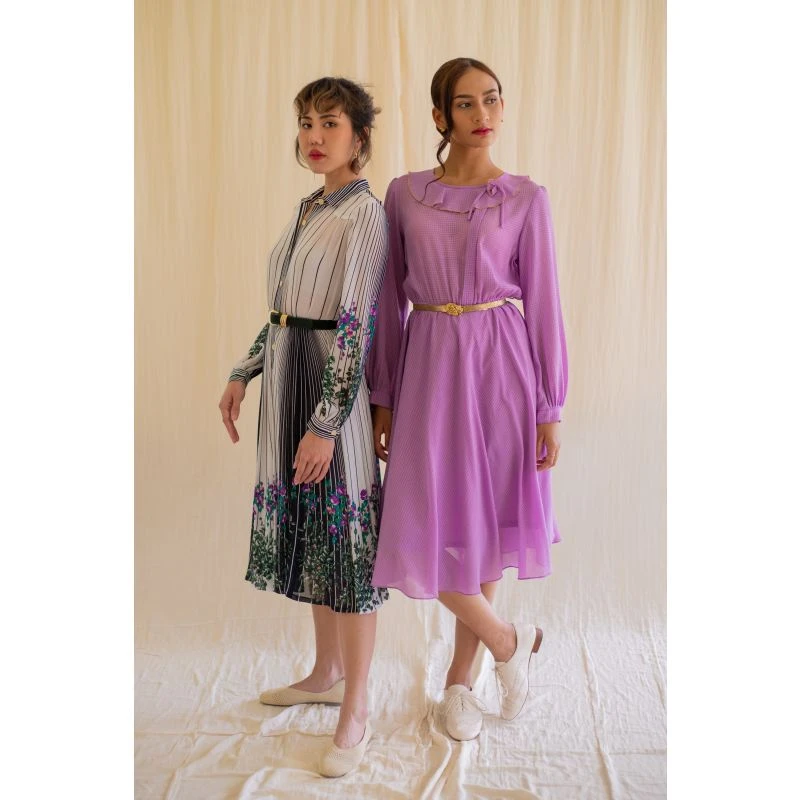 Purple Check Print Vintage Dress With Full Sleeves 18 Purple Check Print Vintage Dress With Full Sleeves - Image 16