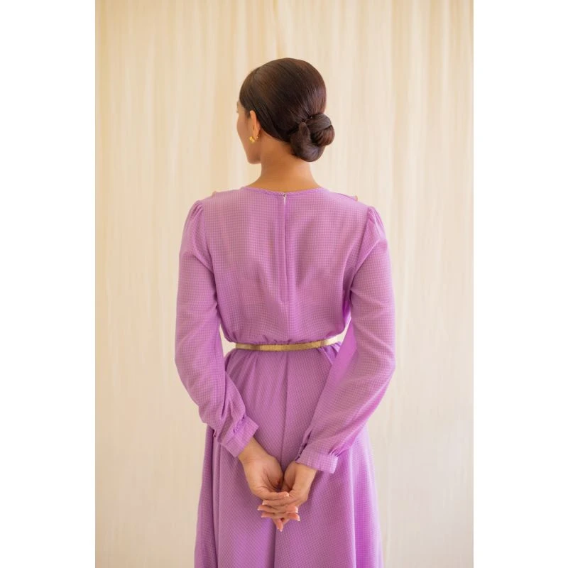 Purple Check Print Vintage Dress With Full Sleeves 11 Purple Check Print Vintage Dress With Full Sleeves - Image 9