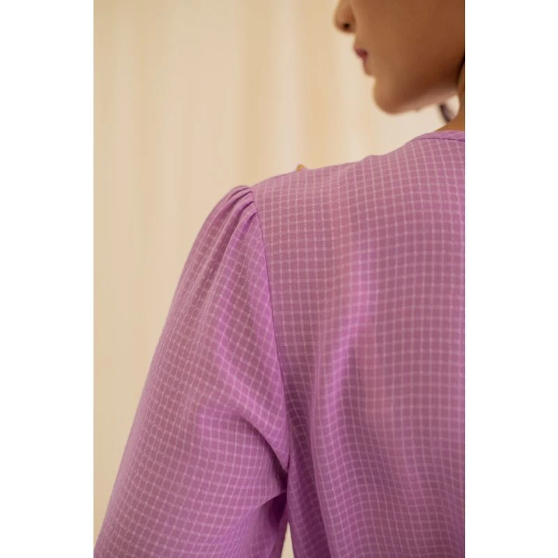 Purple Check Print Vintage Dress With Full Sleeves 14 Purple Check Print Vintage Dress With Full Sleeves - Image 12