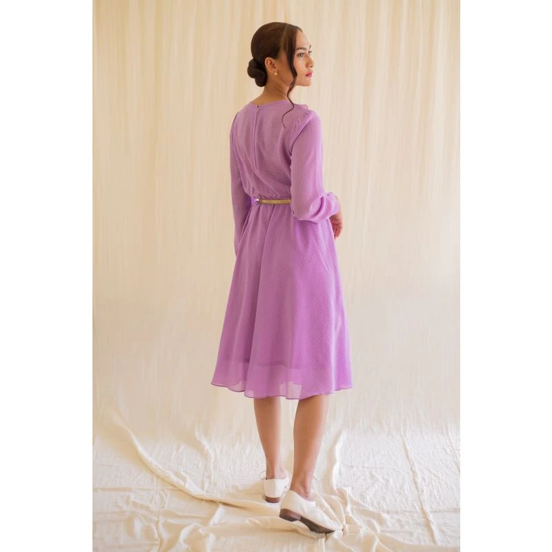 Purple Check Print Vintage Dress With Full Sleeves 6 Purple Check Print Vintage Dress With Full Sleeves - Image 4