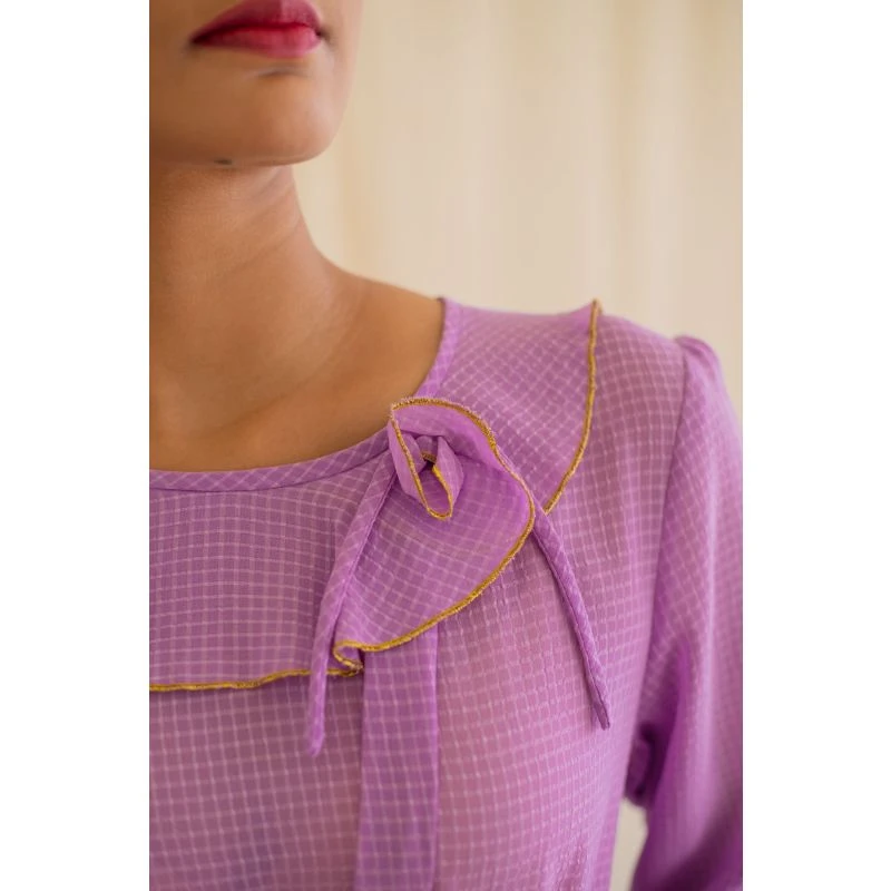 Purple Check Print Vintage Dress With Full Sleeves 9 Purple Check Print Vintage Dress With Full Sleeves - Image 7