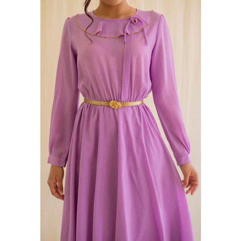 Purple Check Print Vintage Dress With Full Sleeves 8 Purple Check Print Vintage Dress With Full Sleeves - Image 6