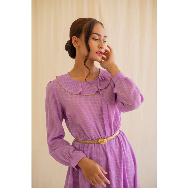 Purple Check Print Vintage Dress With Full Sleeves 7 Purple Check Print Vintage Dress With Full Sleeves - Image 5