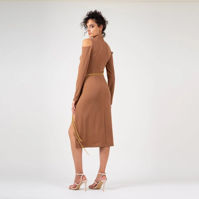 Camel Slim Cut-Out-Shoulders Dress 5 Camel Slim Cut-Out-Shoulders Dress - Image 3