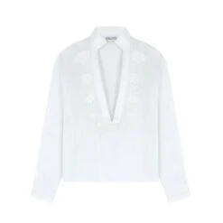 Seashell Embroidered V-Neck Shirt In White