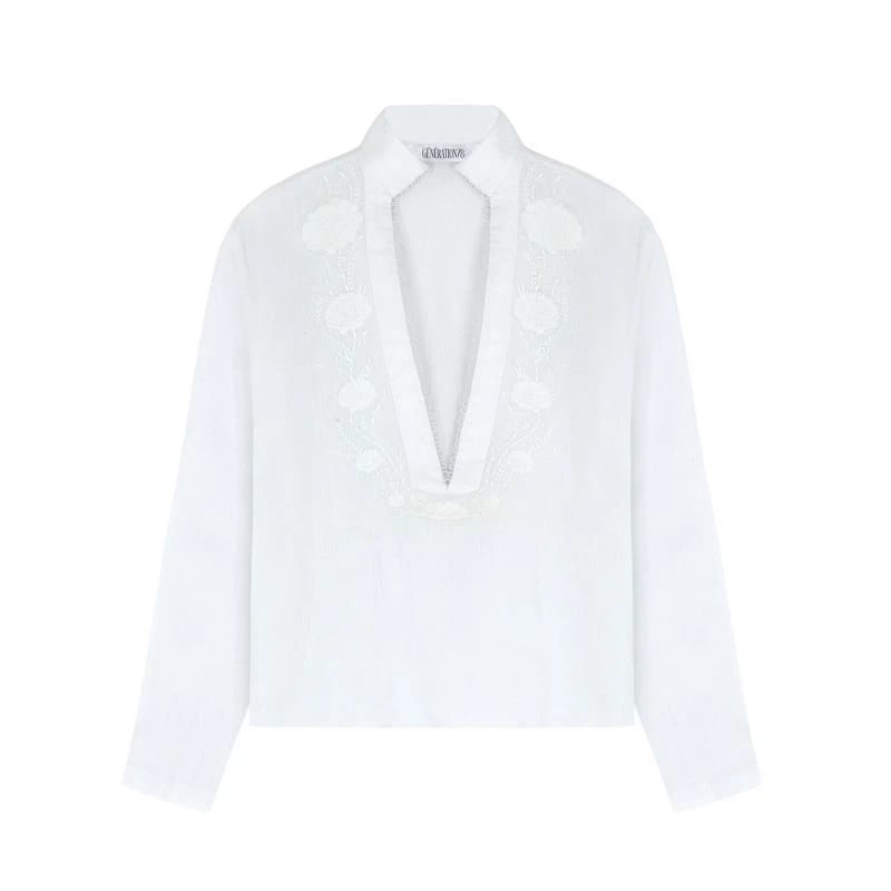 Seashell Embroidered V-Neck Shirt In White 3 Seashell Embroidered V-Neck Shirt In White