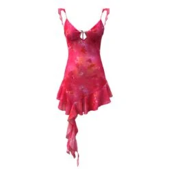 Third Date Sheer Pink Floral Print Ruffle Hem Sexy Mini Dress