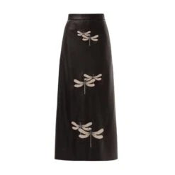 Long Faux Leather A-Line Skirt With Embroidery Black