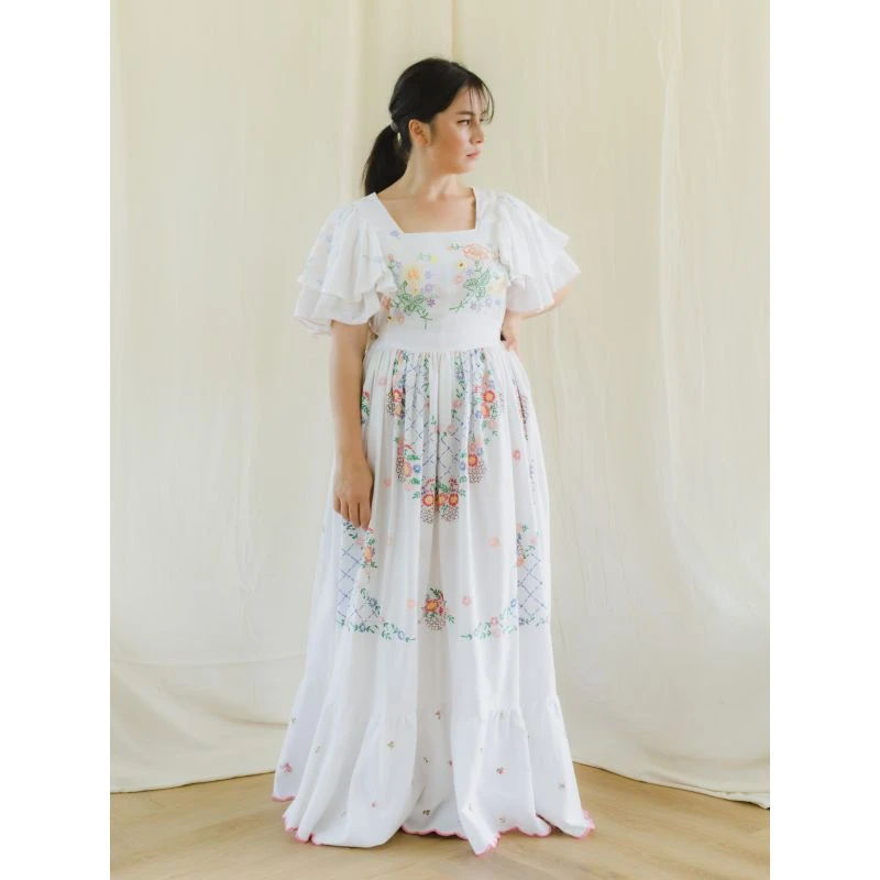 Upcycled Vintage Floral Embroidered Maxi Dress With Pink Border 10 Upcycled Vintage Floral Embroidered Maxi Dress With Pink Border - Image 8