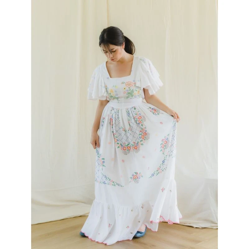 Upcycled Vintage Floral Embroidered Maxi Dress With Pink Border 8 Upcycled Vintage Floral Embroidered Maxi Dress With Pink Border - Image 6