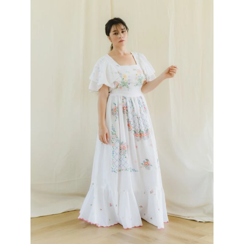 Upcycled Vintage Floral Embroidered Maxi Dress With Pink Border 5 Upcycled Vintage Floral Embroidered Maxi Dress With Pink Border - Image 3