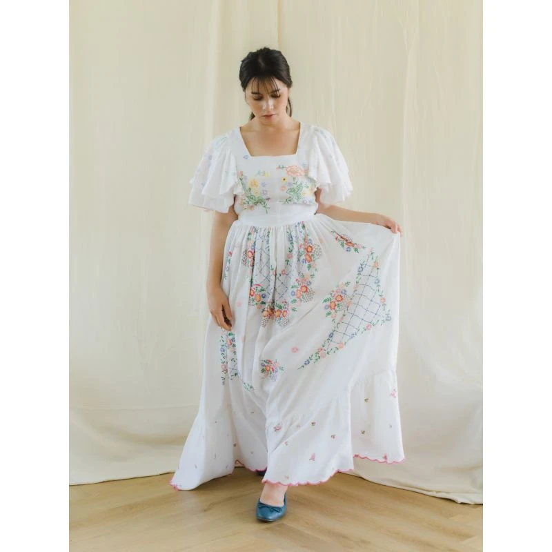 Upcycled Vintage Floral Embroidered Maxi Dress With Pink Border 6 Upcycled Vintage Floral Embroidered Maxi Dress With Pink Border - Image 4