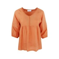 “V” Neck Linen Long Sleeved Blouse - Peachy