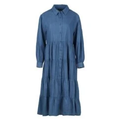 Cotton Denim Long Sleeve Tiered Dress With Buttons